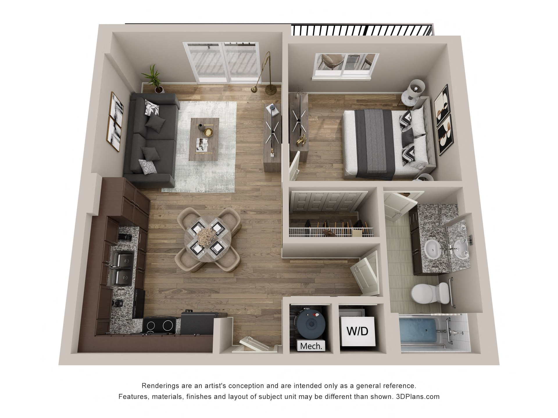Floor plan for 1 bed, 1 bath, 639 sqft